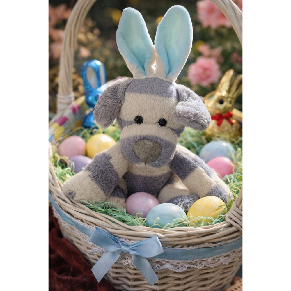 Kelly Toy 13" Stuffed Plush Gray White Striped Puppy Dog Blue Bunny Ears, Easter